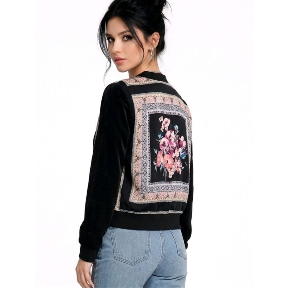 IZ Byer Black Floral Chiffon Open Bomber Style Jacket Size S